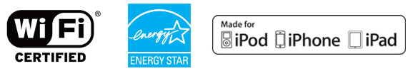 Icônes de compatibilité des imprimantes de bureau ZD620 pour le secteur de la santé : Icône WiFi Certified, icône Energy Star, icône Made for iPod, iPhone, iPad