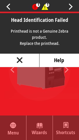 Head Identification Failed: Printhead is not a Genuine Zebra product. Replace the printhead.