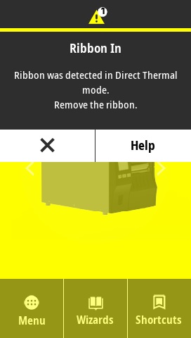 Ribbon In: Ribbon was detected in Direct Thermal Mode. Remove the ribbon.