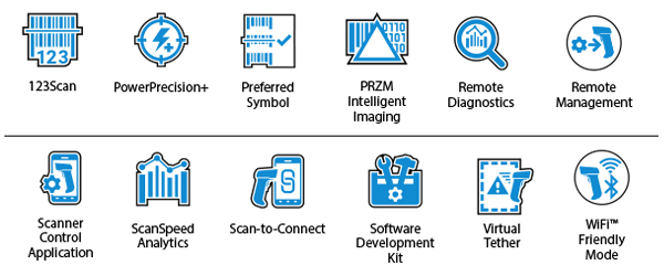 LI3600-ER超高耐久性スキャナMobility DNAのアイコン：123Scan、Power Precision+、Preferred Symbol、PRZMインテリジェントイメージング、遠隔診断、リモート管理、スキャナ制御アプリケーション、ScanSpeed Analytics、Scan-to-Connect、SDK（ソフトウェア開発キット）、仮想テザー、Wi-Fiフレンドリーモード
