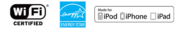 Iconos de compatibilidad de la impresora de sobremesa ZD620: Icono de Wi-Fi Certificado, icono de Energy Star, icono de Hecha para iPod, iPhone e iPad