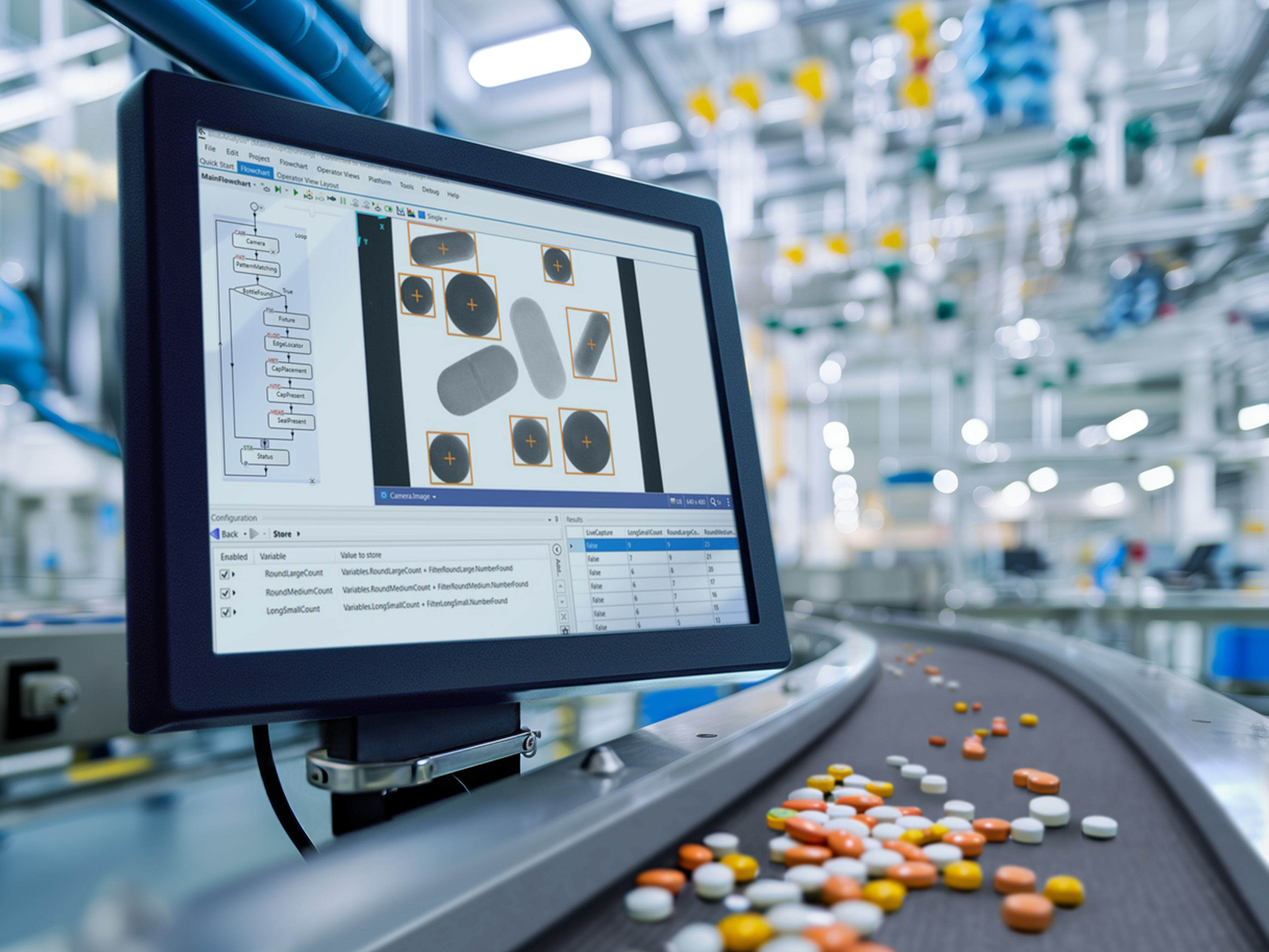 Machine vision system using machine learning and deep learning in a medication manufacturing factory.