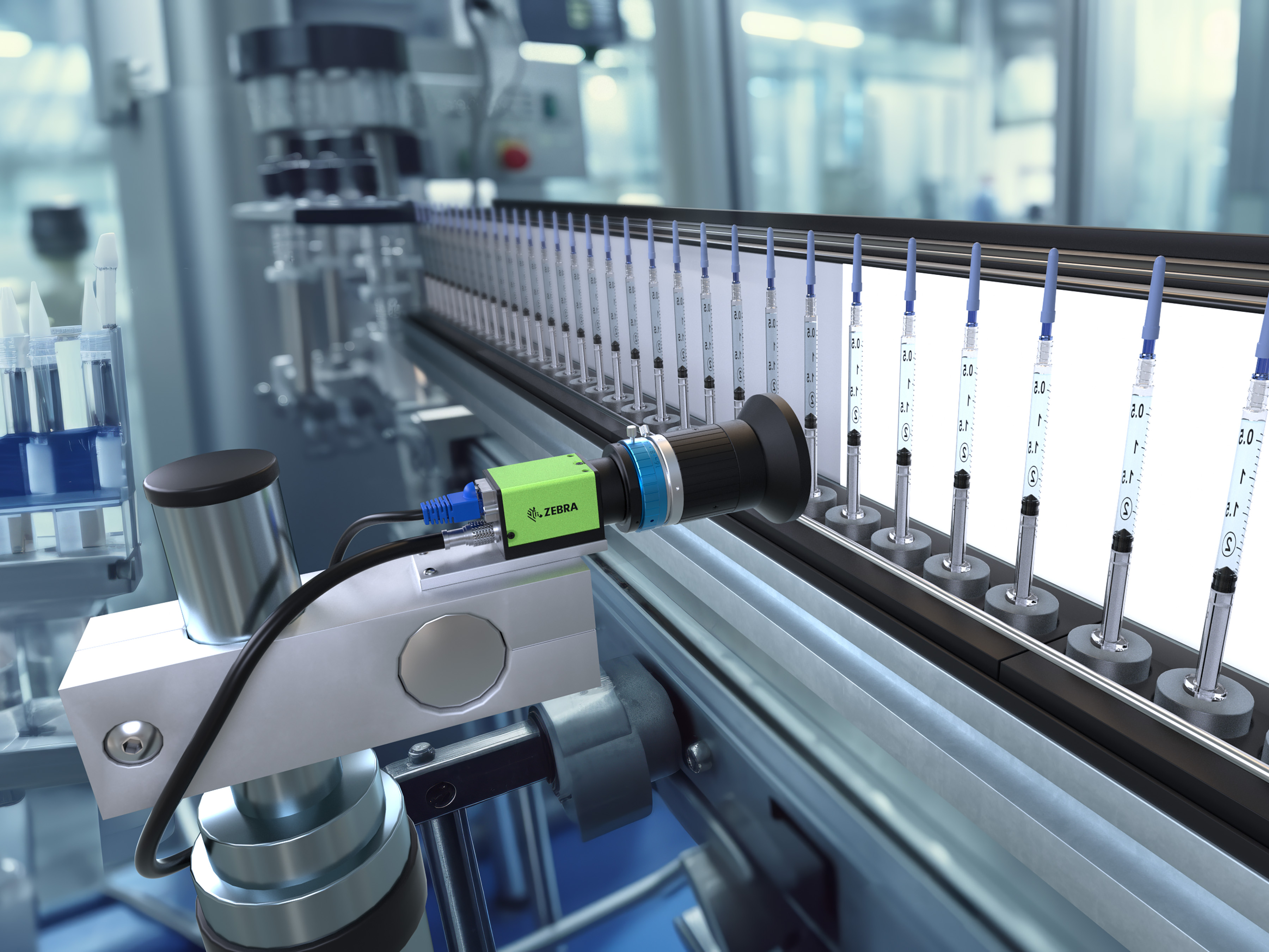 A Zebra machine vision system inspects components on a production line