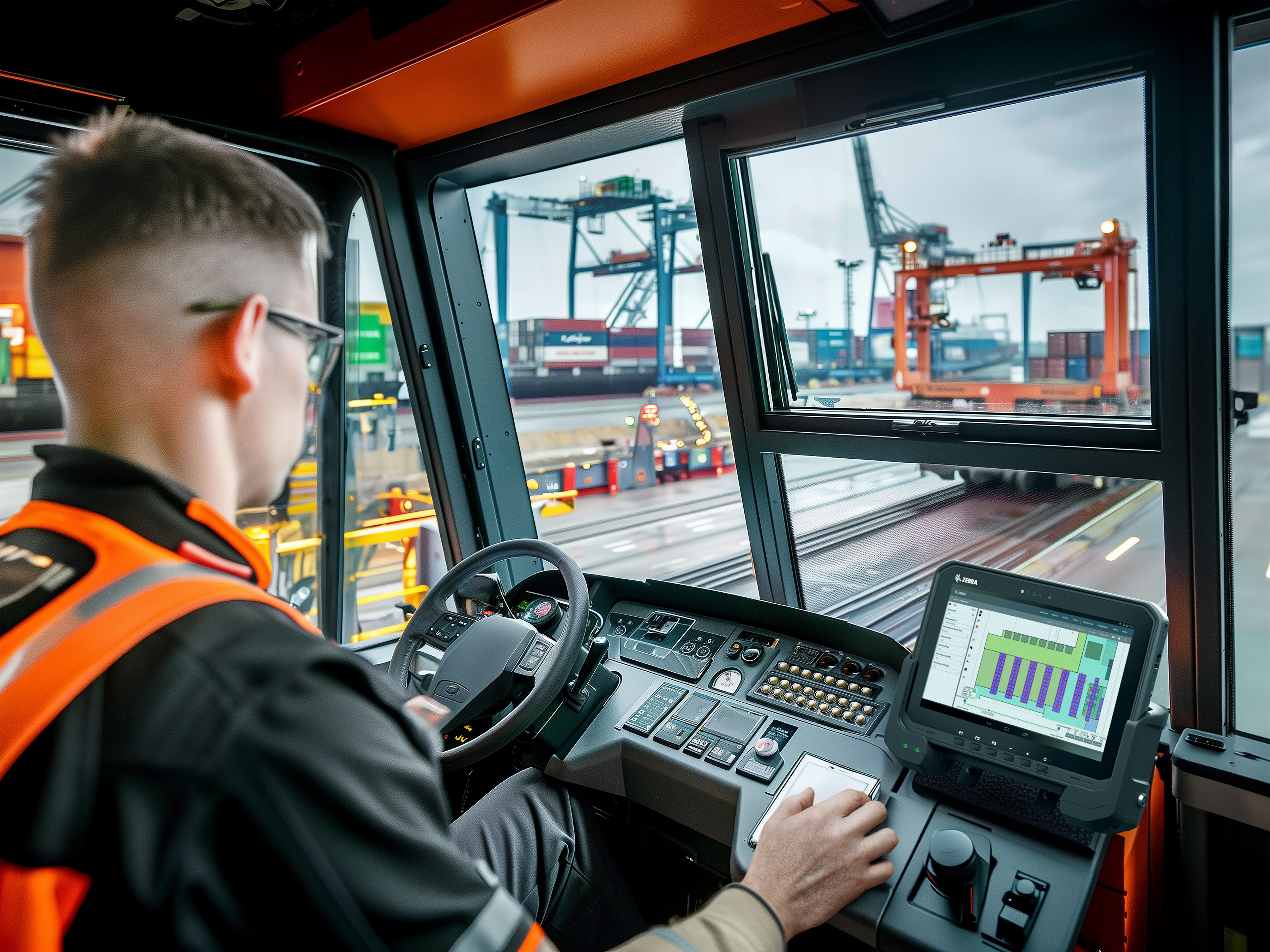 A driver uses a vehicle-mounted Zebra tablet to guide his tasks in a shipyard 