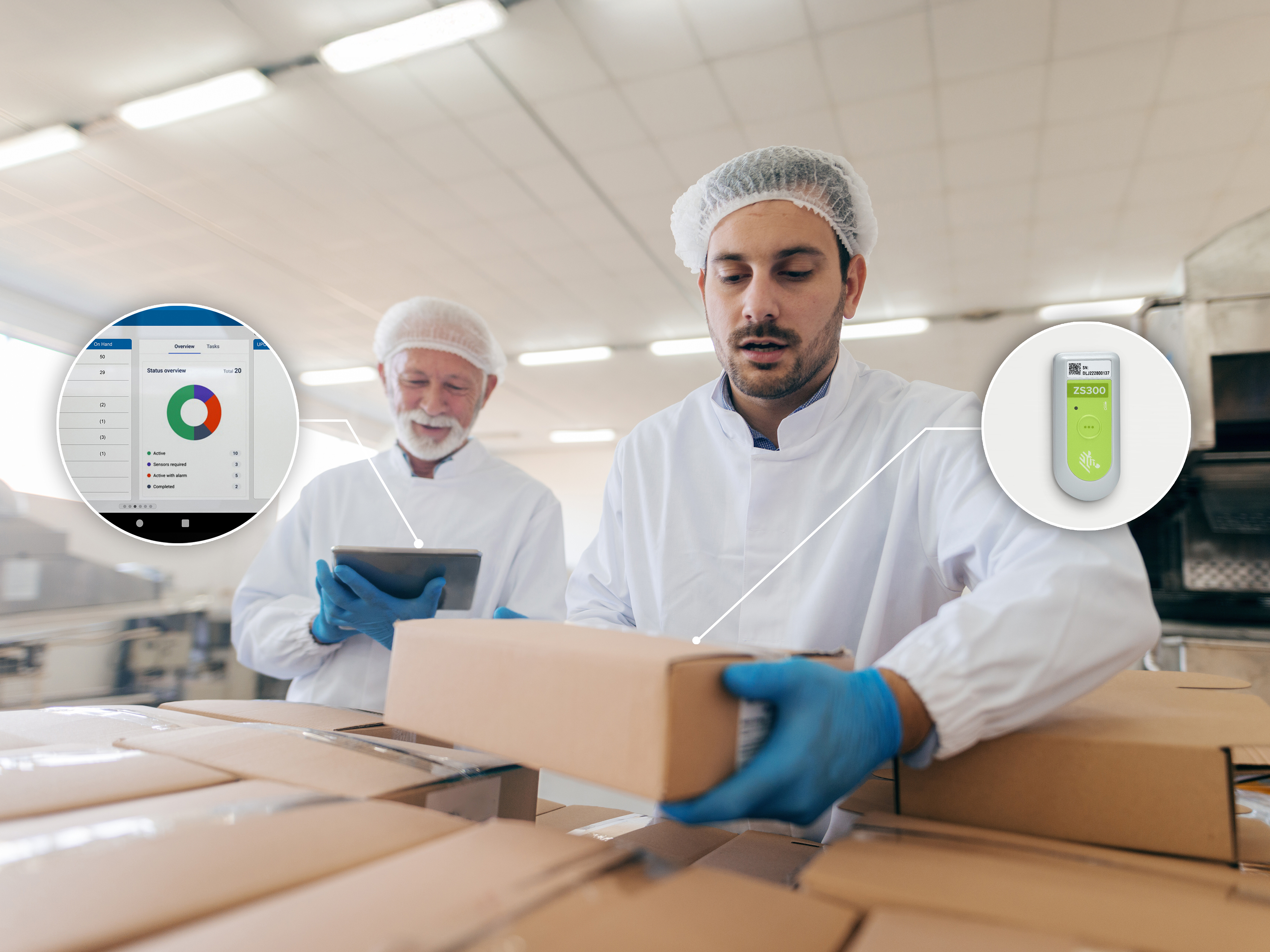 Workers staging boxes of products with Zebra electronic sensor and tablet Workers staging boxes of products with Zebra electronic sensor and tablet