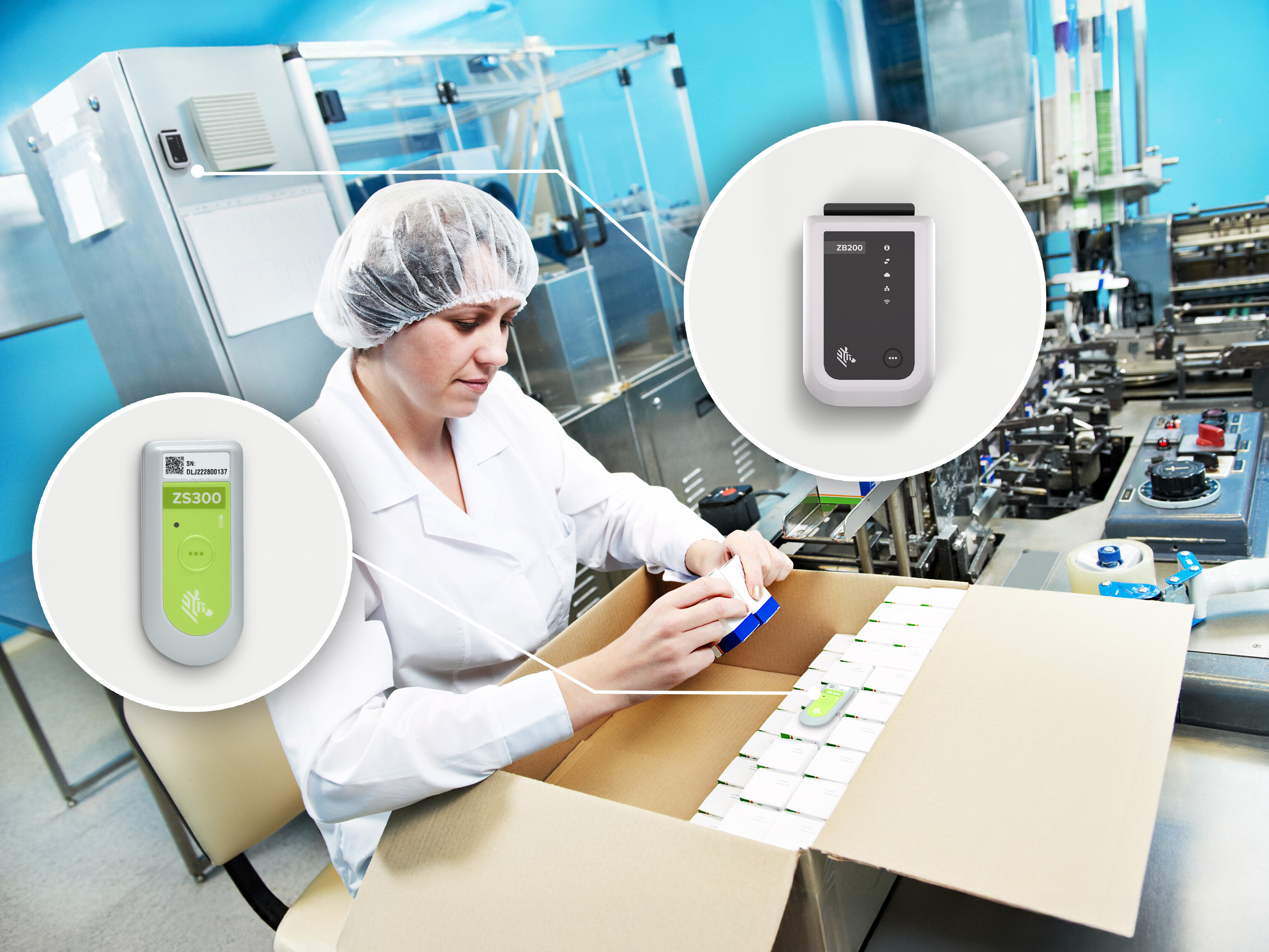Pharmacy worker packing medical products with Zebra electronic sensors Pharmacy worker packing medical products with Zebra electronic sensors