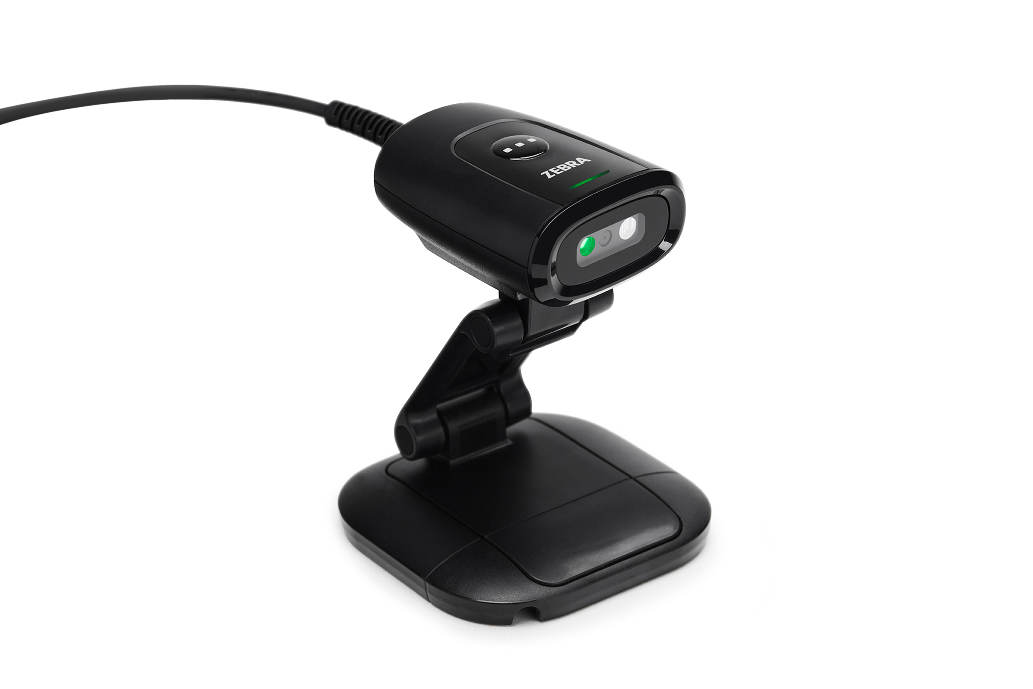 Front Right of Zebra DS457 hands-free scanner in black. Front Right of Zebra DS457 hands-free scanner in black.