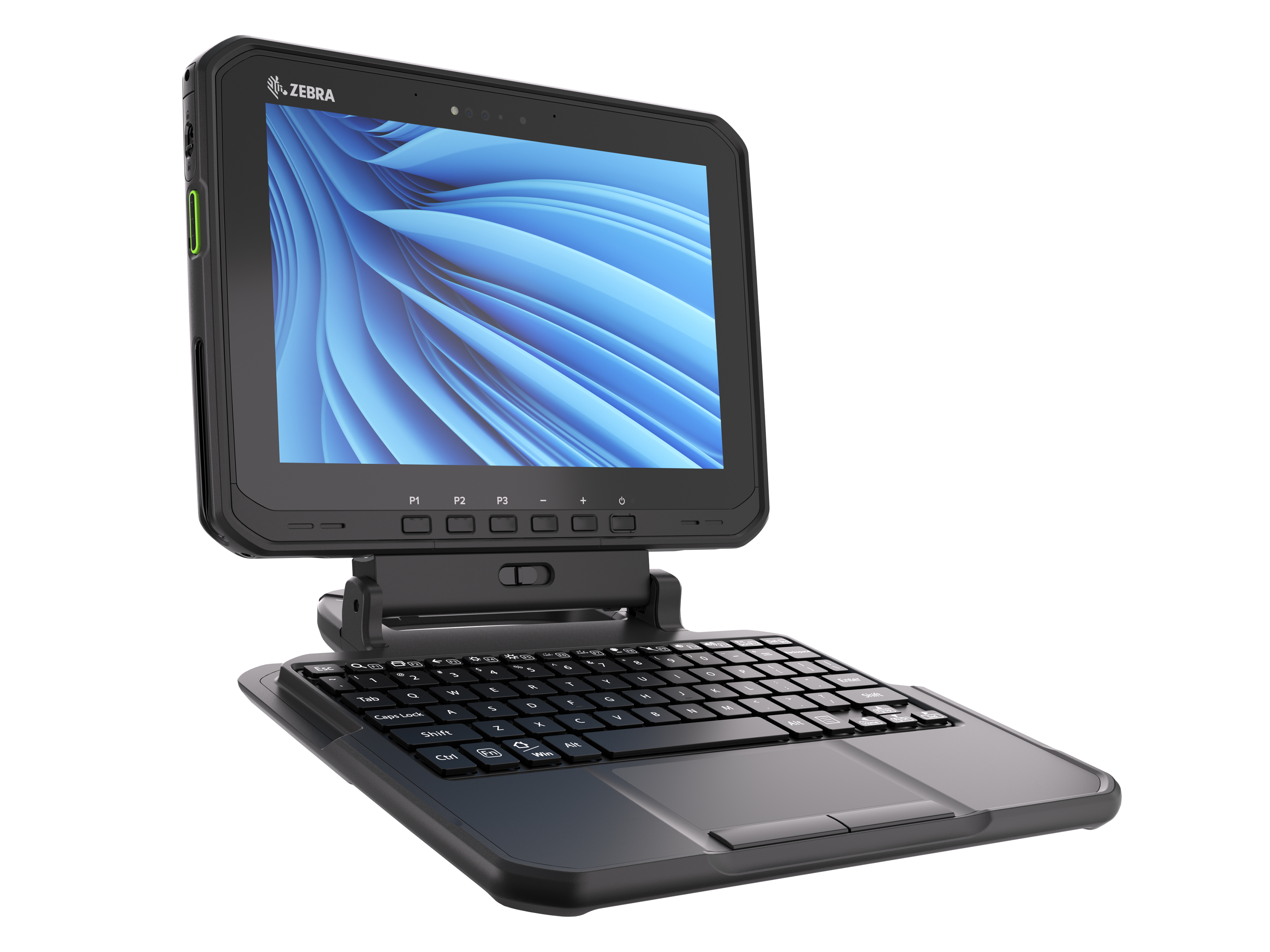 Front Right of Zebra ET6X tablet with keyboard in black. Front Right of Zebra ET6X tablet with keyboard in black.