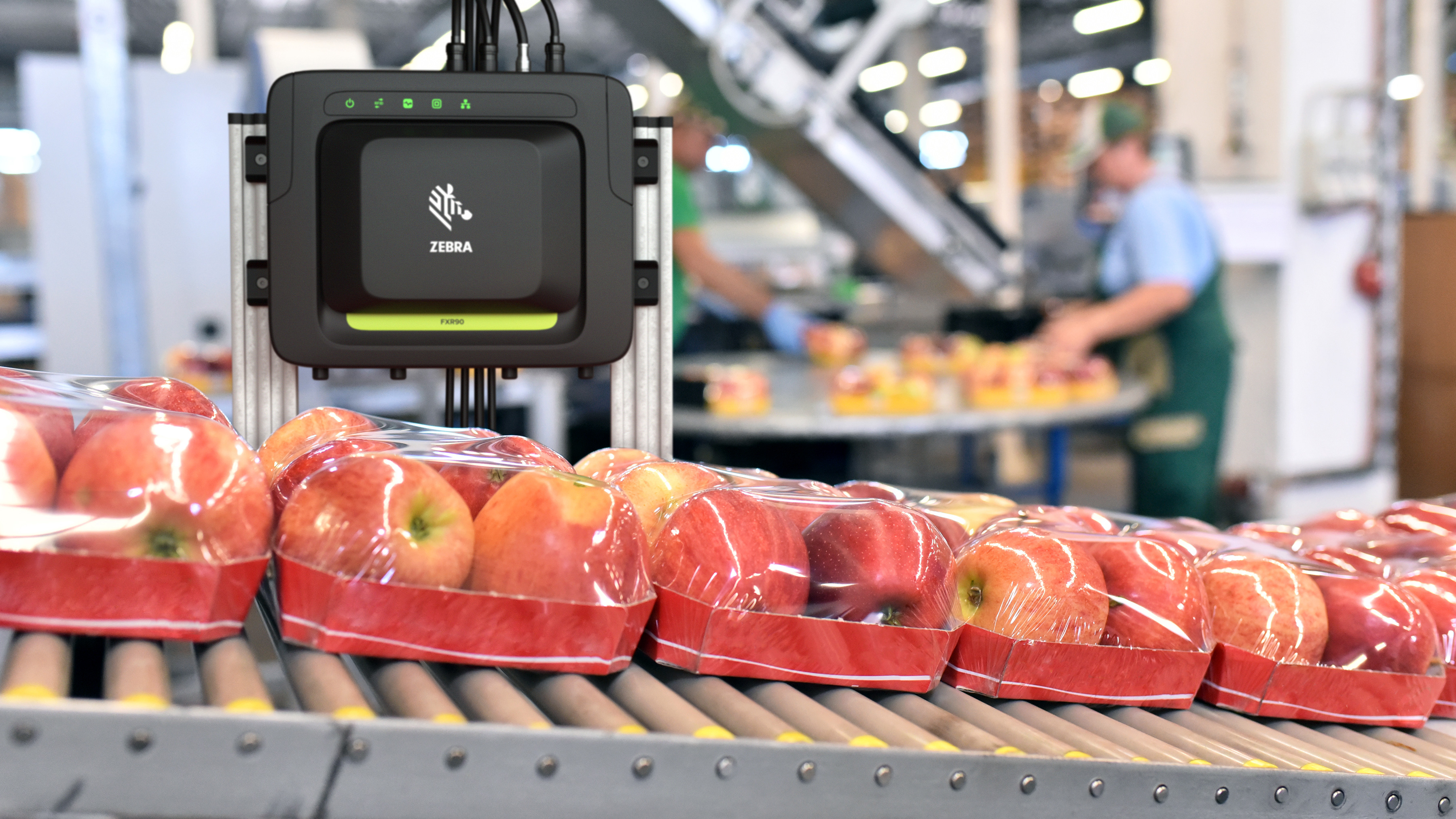 Packaged apples going through manufacturing process with a Zebra RFID Scanner Packaged apples going through manufacturing process with a Zebra RFID Scanner