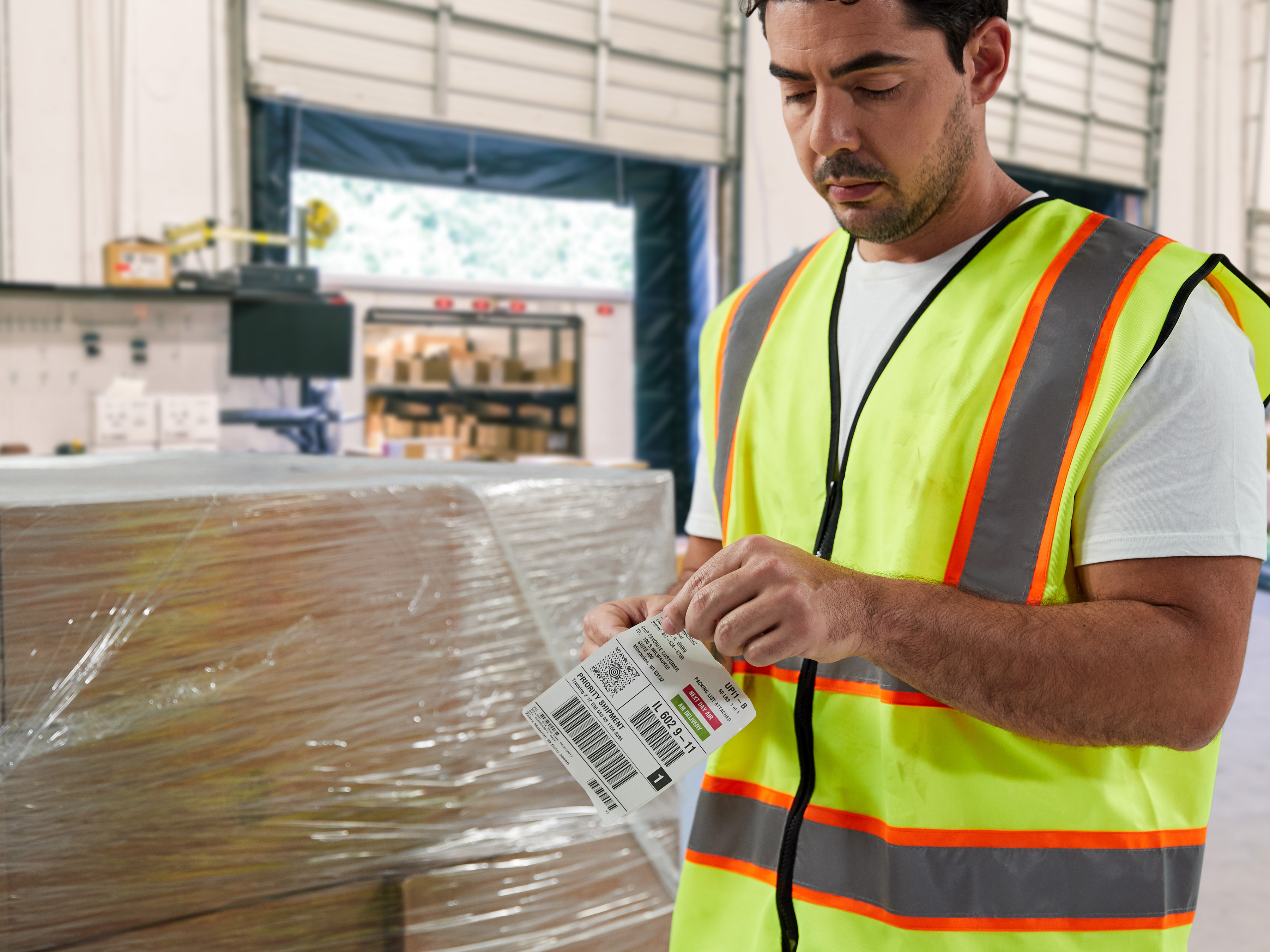 Worker preparing pallet labeling in warehouse setting. Worker preparing pallet labeling in warehouse setting.