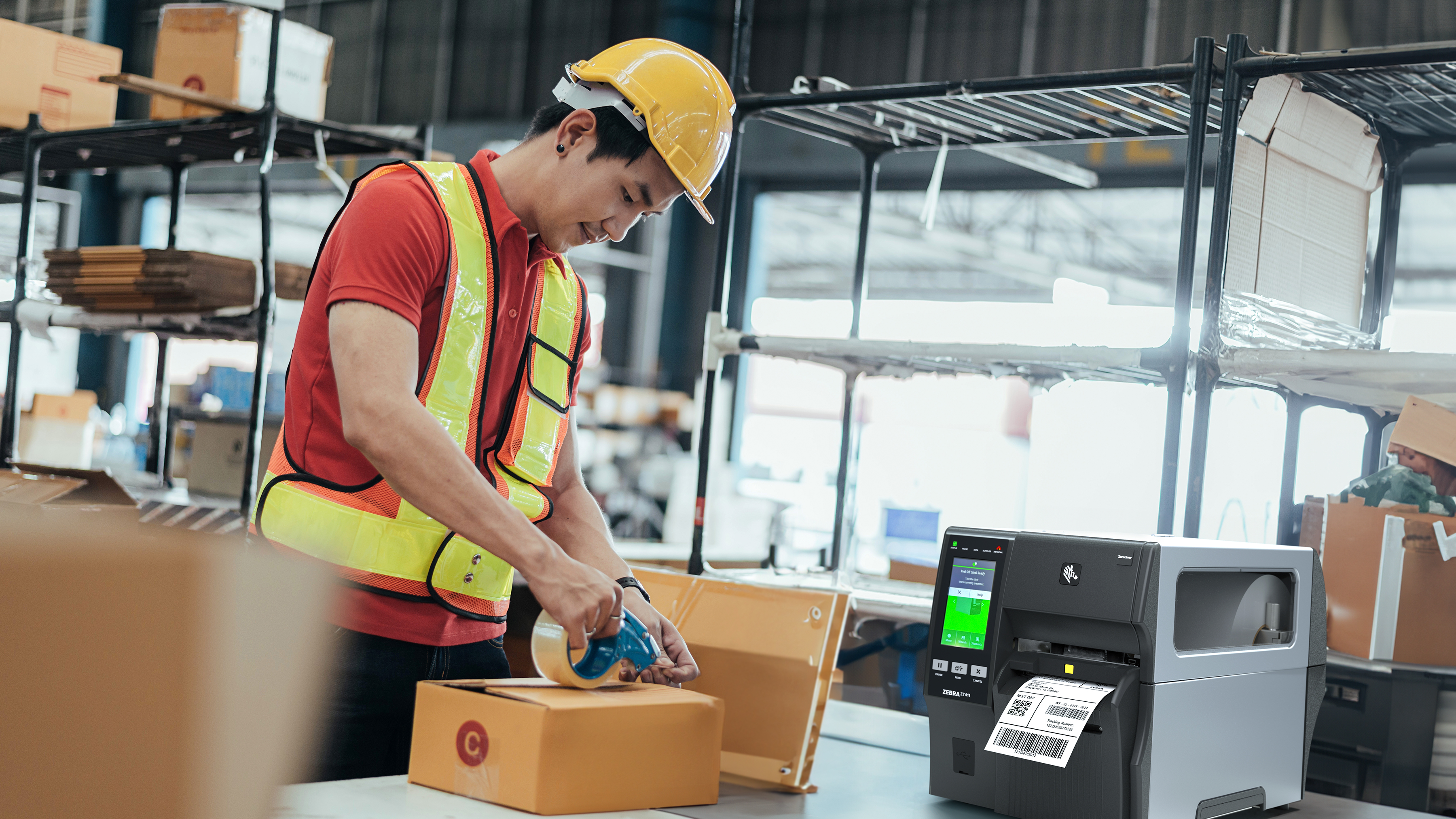 Warehouse worker fulfilling a shipment using a Zebra industrial printer. Warehouse worker fulfilling a shipment using a Zebra industrial printer.