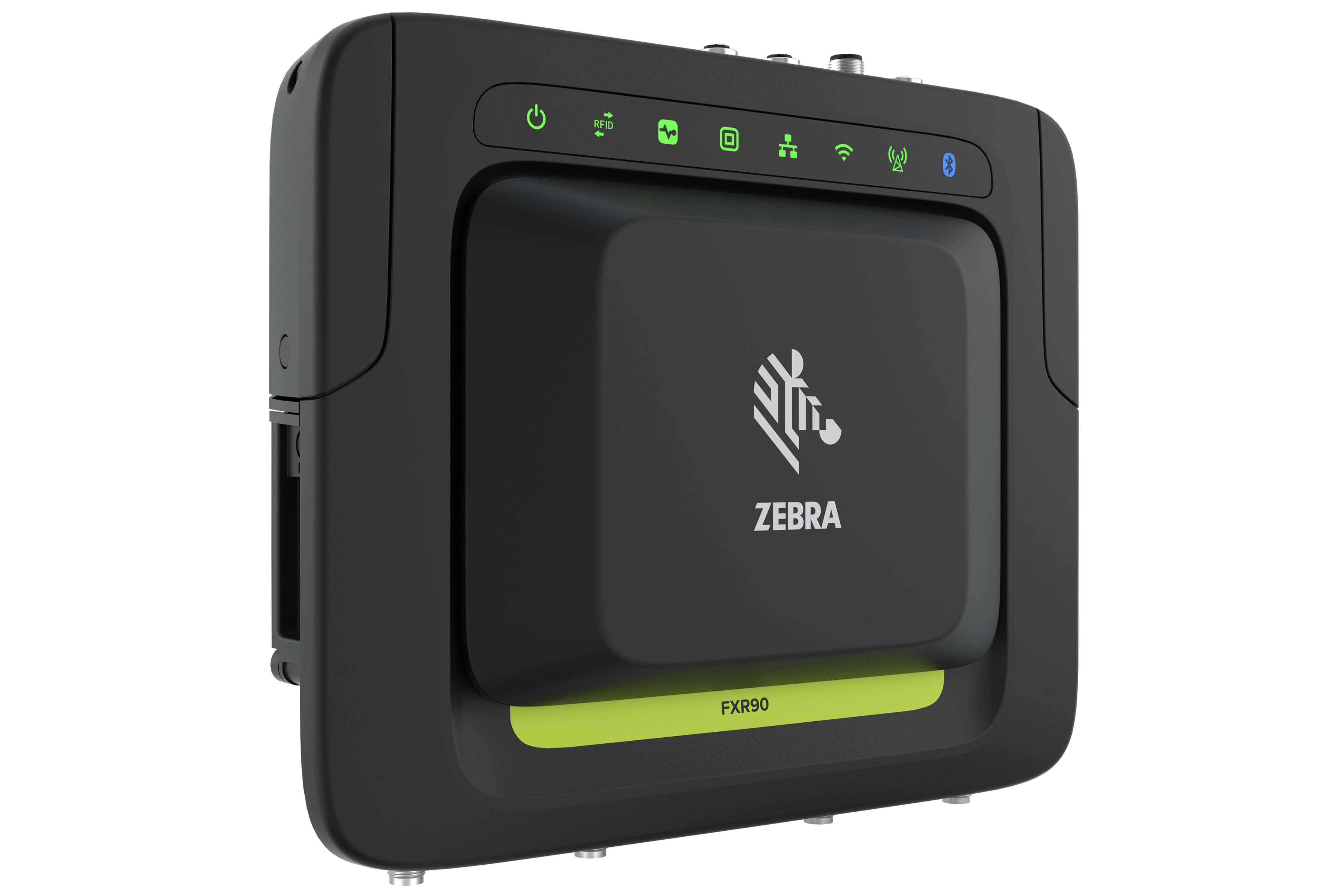 Close up of Zebra FXR90 5G RFID Reader in Black and Green Close up of Zebra FXR90 5G RFID Reader in Black and Green
