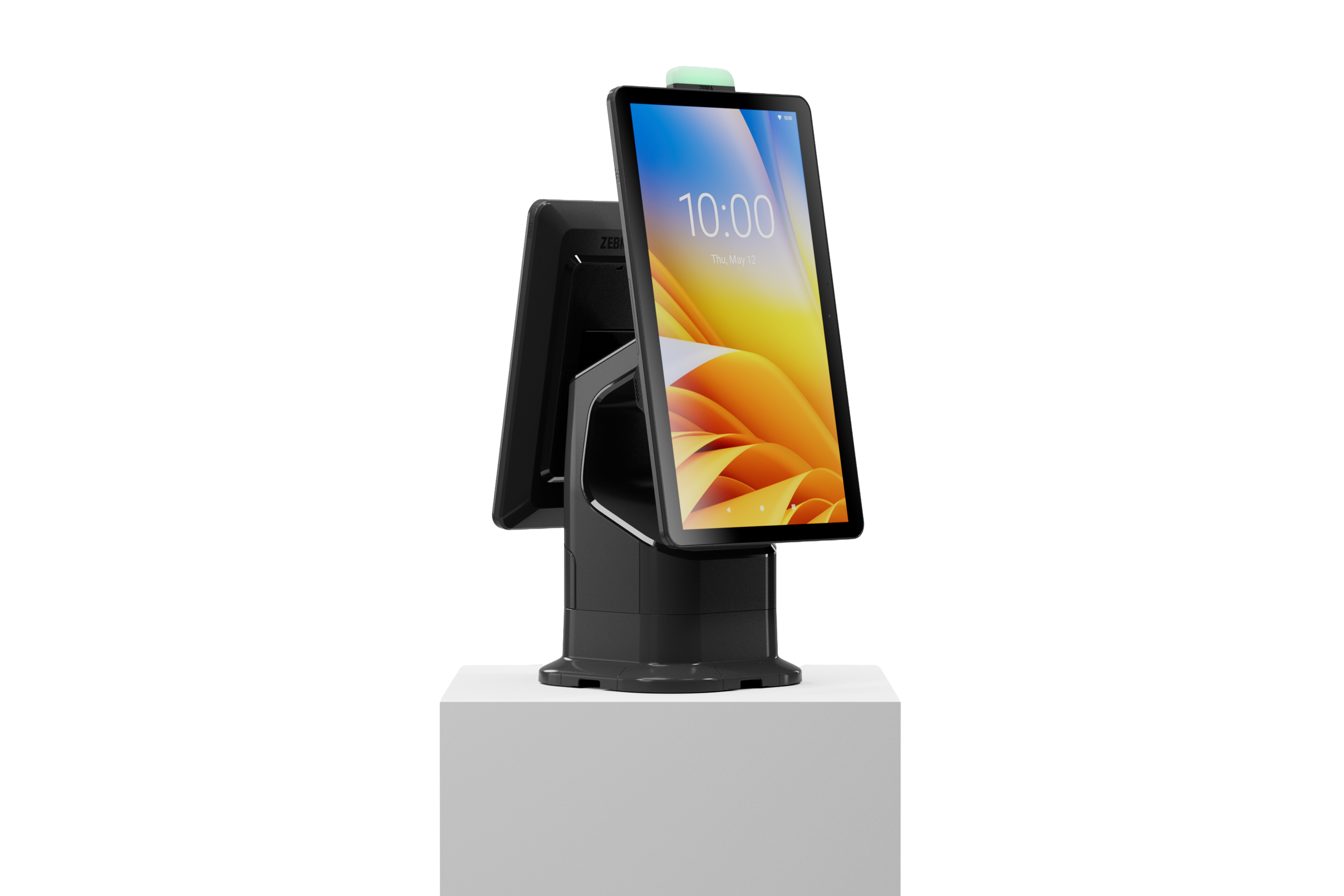 Front Right of Zebra KC50 Interactive Kiosk in black. Front Right of Zebra KC50 Interactive Kiosk in black.