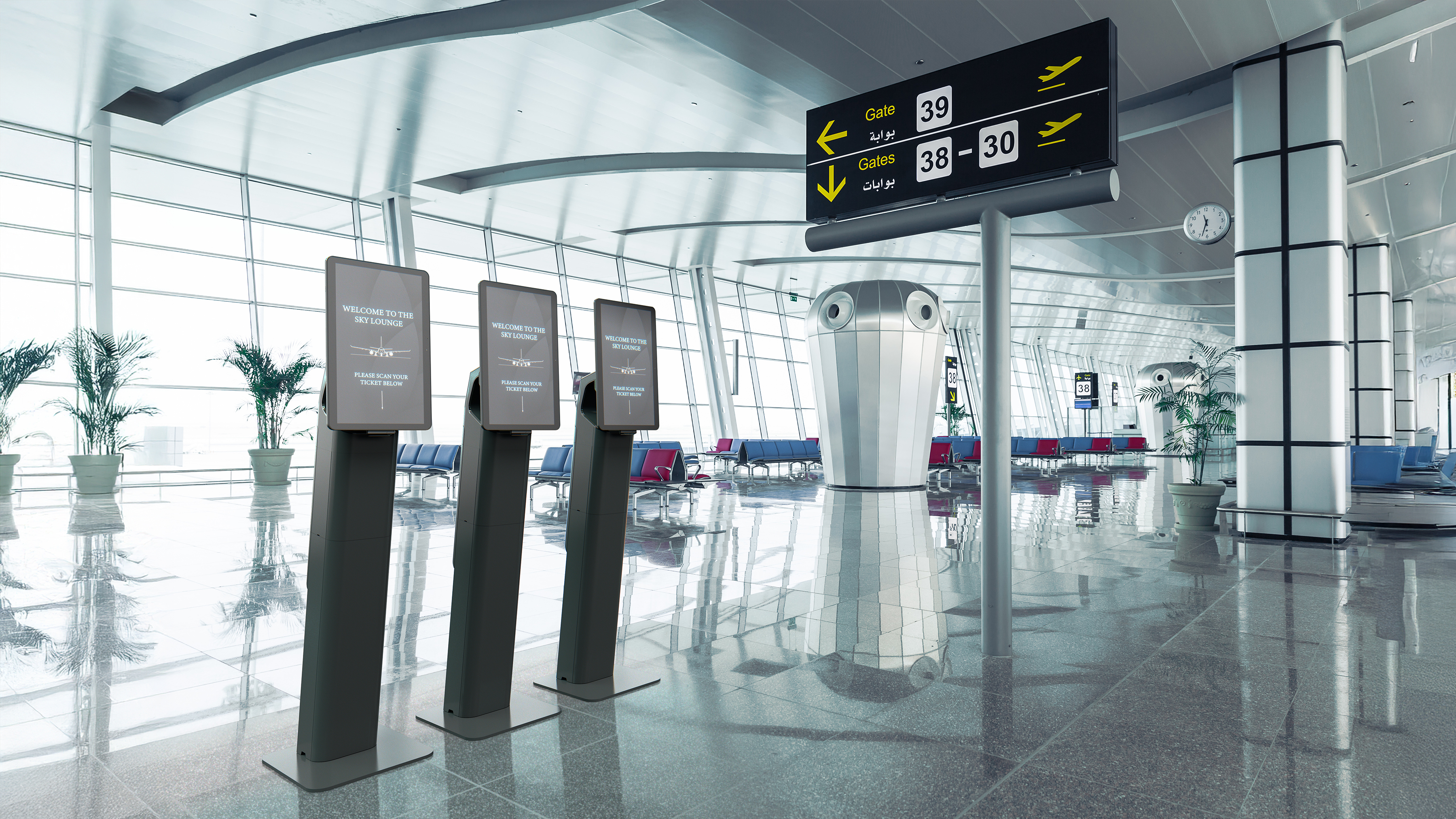 Three Zebra Interactive Kiosks in an airport terminal. Three Zebra Interactive Kiosks in an airport terminal.