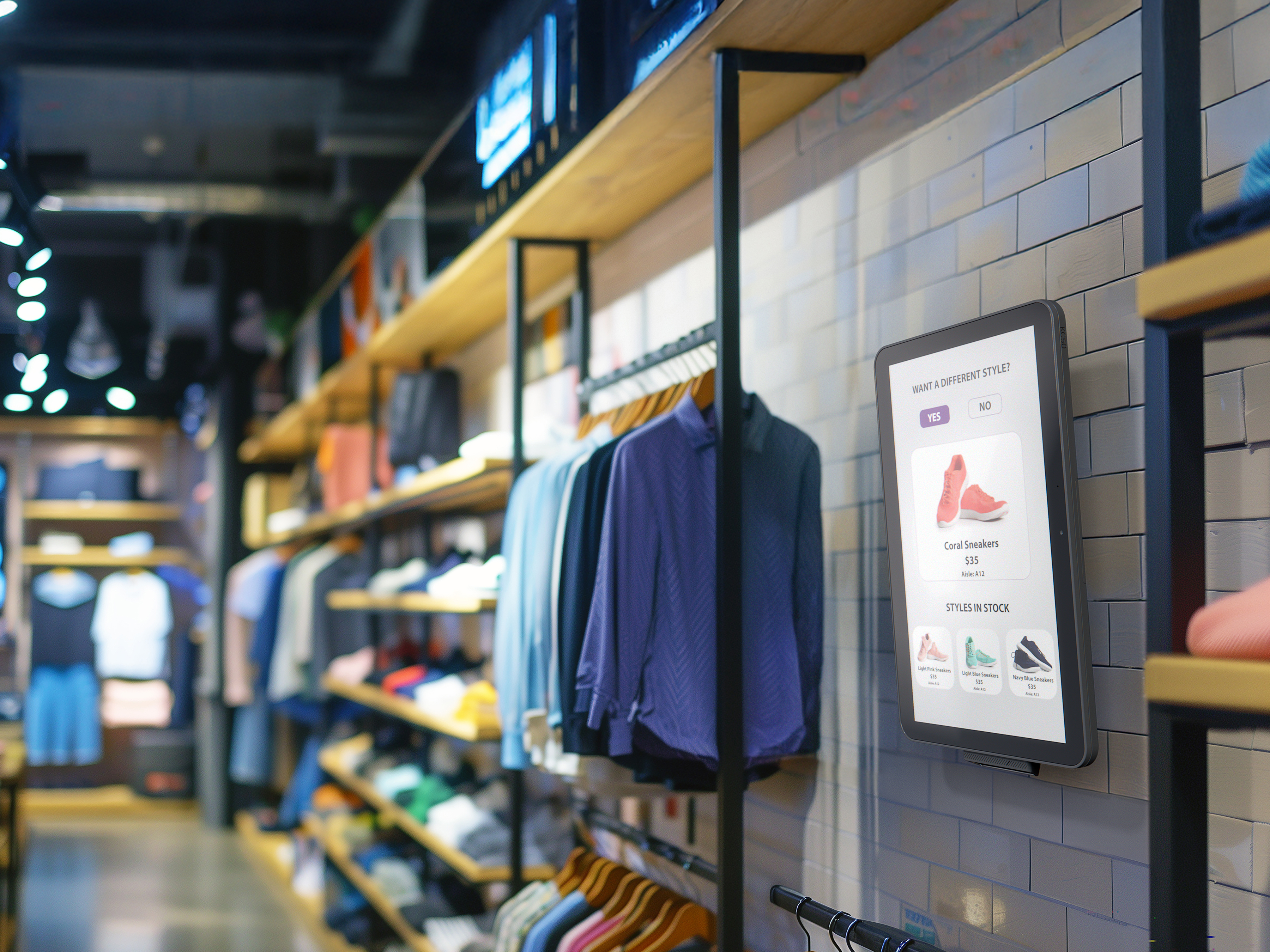 Zebra Interactive Kiosk displaying a pair of athletic sneakers in a retail setting. Zebra Interactive Kiosk displaying a pair of athletic sneakers in a retail setting.
