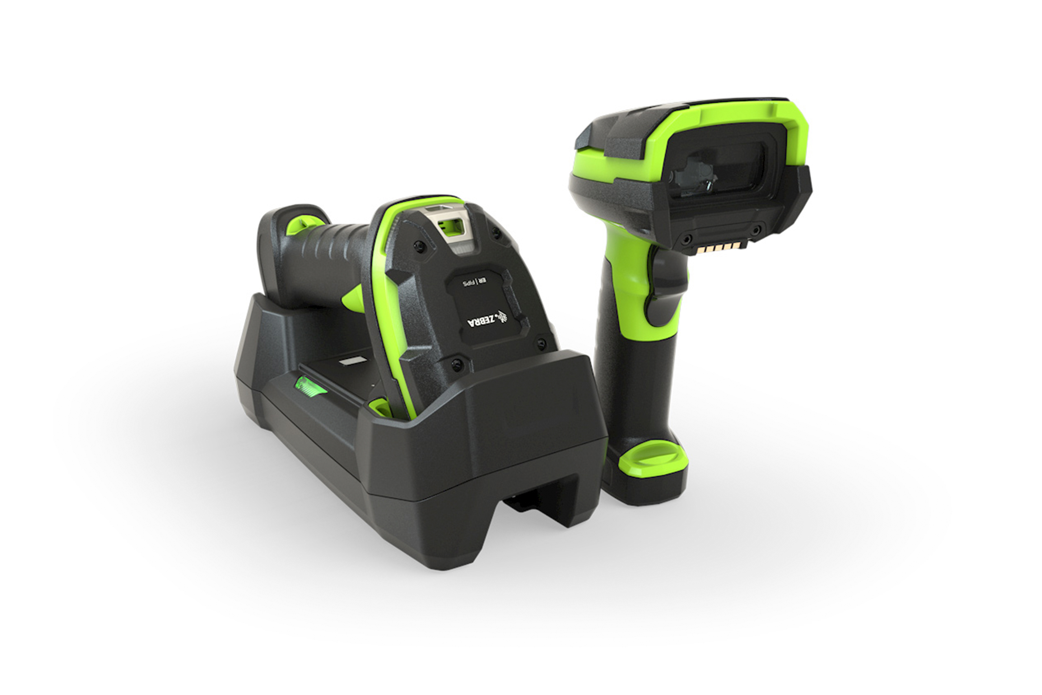 Front Right of Zebra LI3608-ER and LI3678-ER ultra rugged barcode scanners in black and green. Front Right of Zebra LI3608-ER and LI3678-ER ultra rugged barcode scanners in black and green.