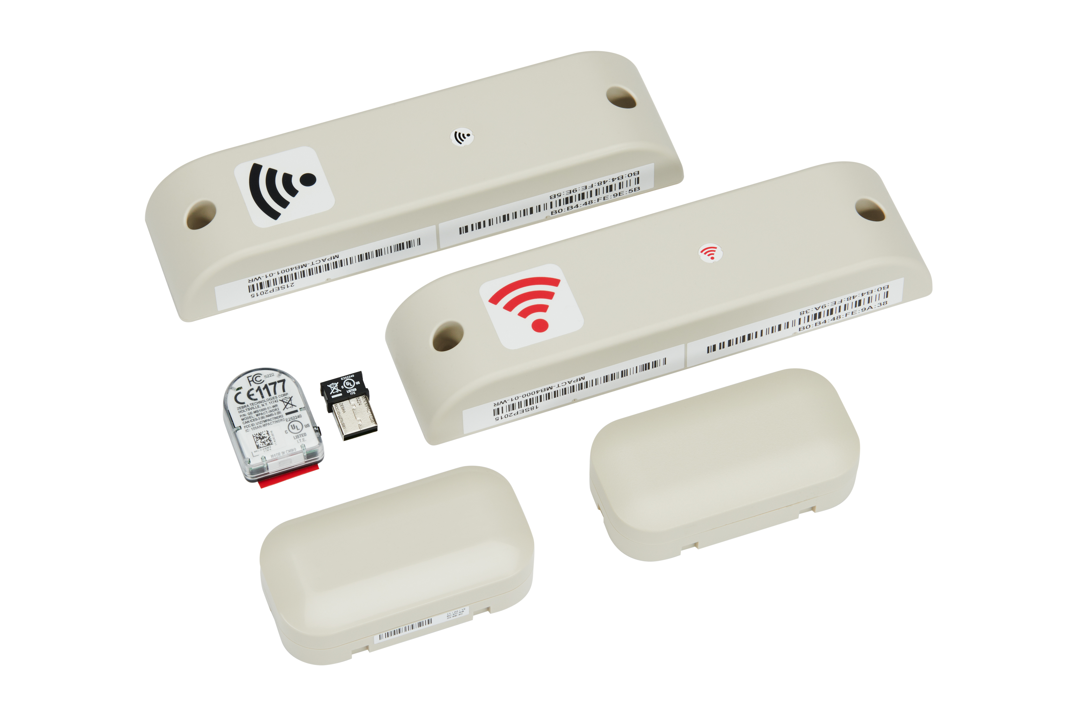 Group of Zebra Bluetooth low energy locating devices in white. Group of Zebra Bluetooth low energy locating devices in white.