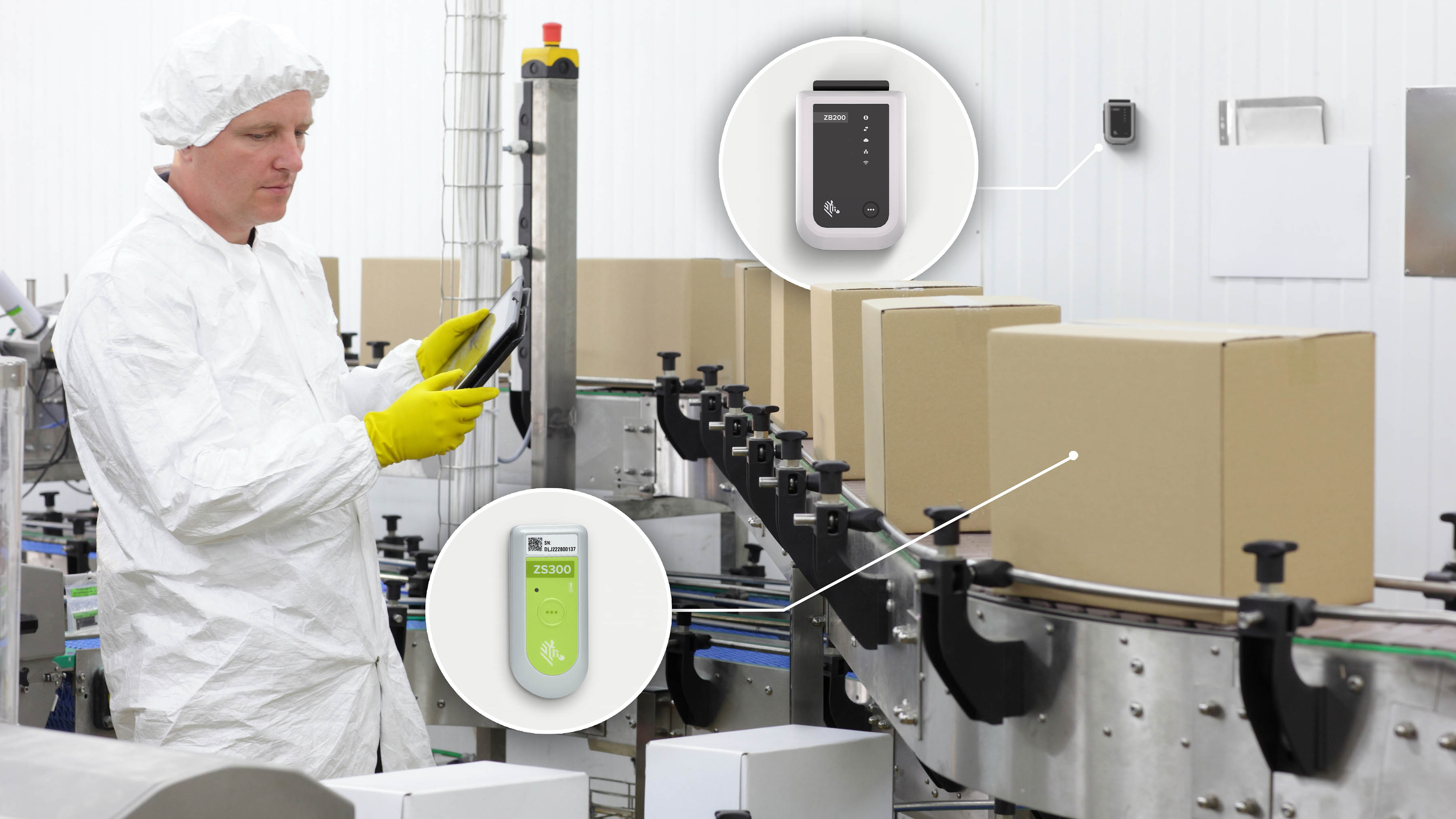 Factory worker monitoring packaging line with Zebra environmental sensors Factory worker monitoring packaging line with Zebra environmental sensors