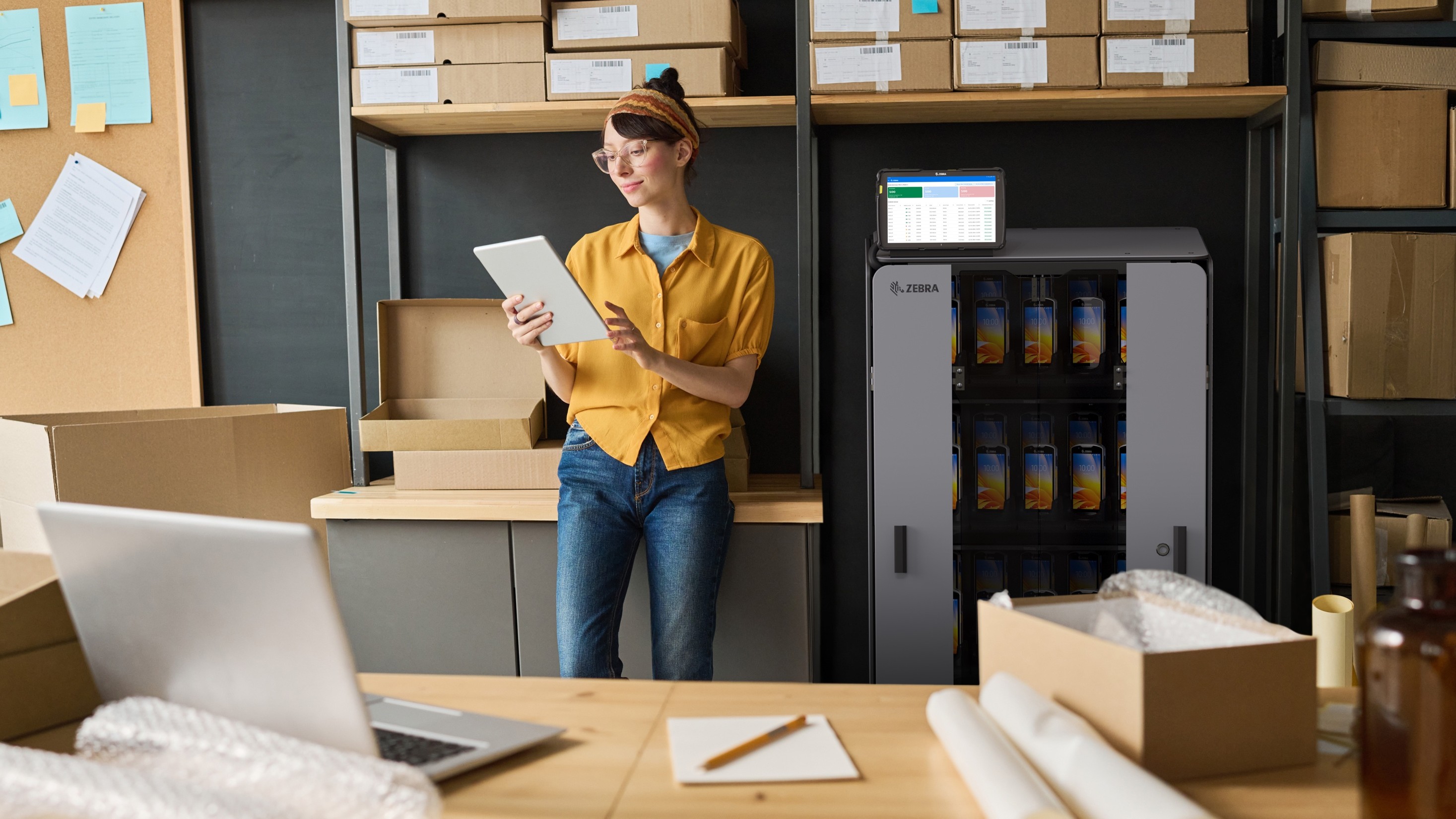 Person holding tablet in office space with guardian cabinet storage.  Person holding tablet in office space with guardian cabinet storage.