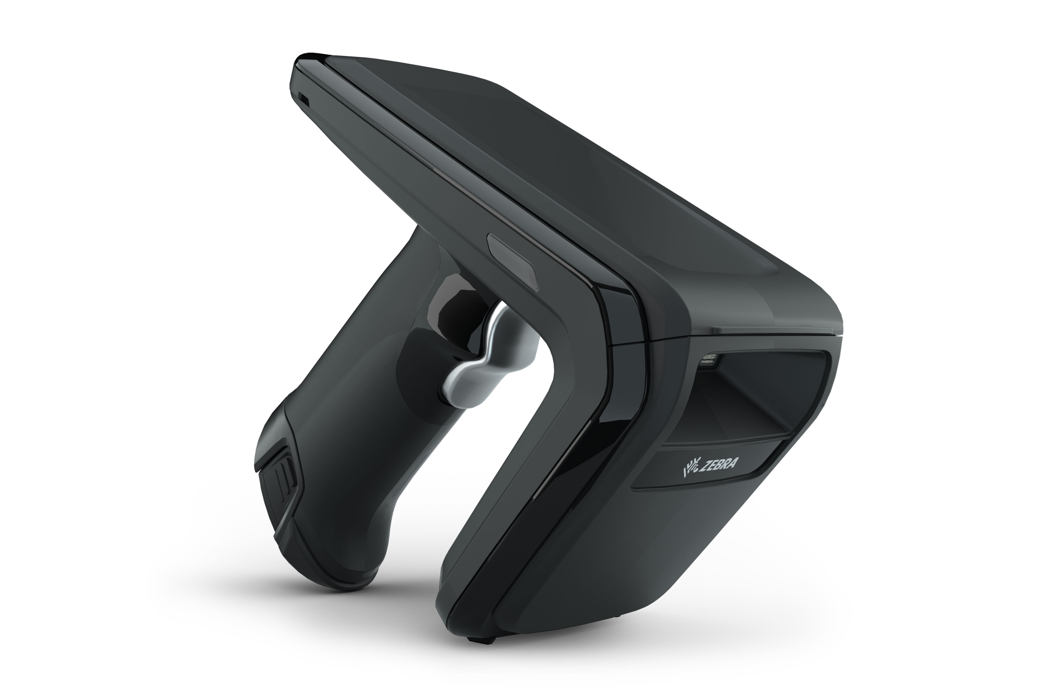 Front Right of Zebra RFD40 handheld RFID scanner in black. Front Right of Zebra RFD40 handheld RFID scanner in black.