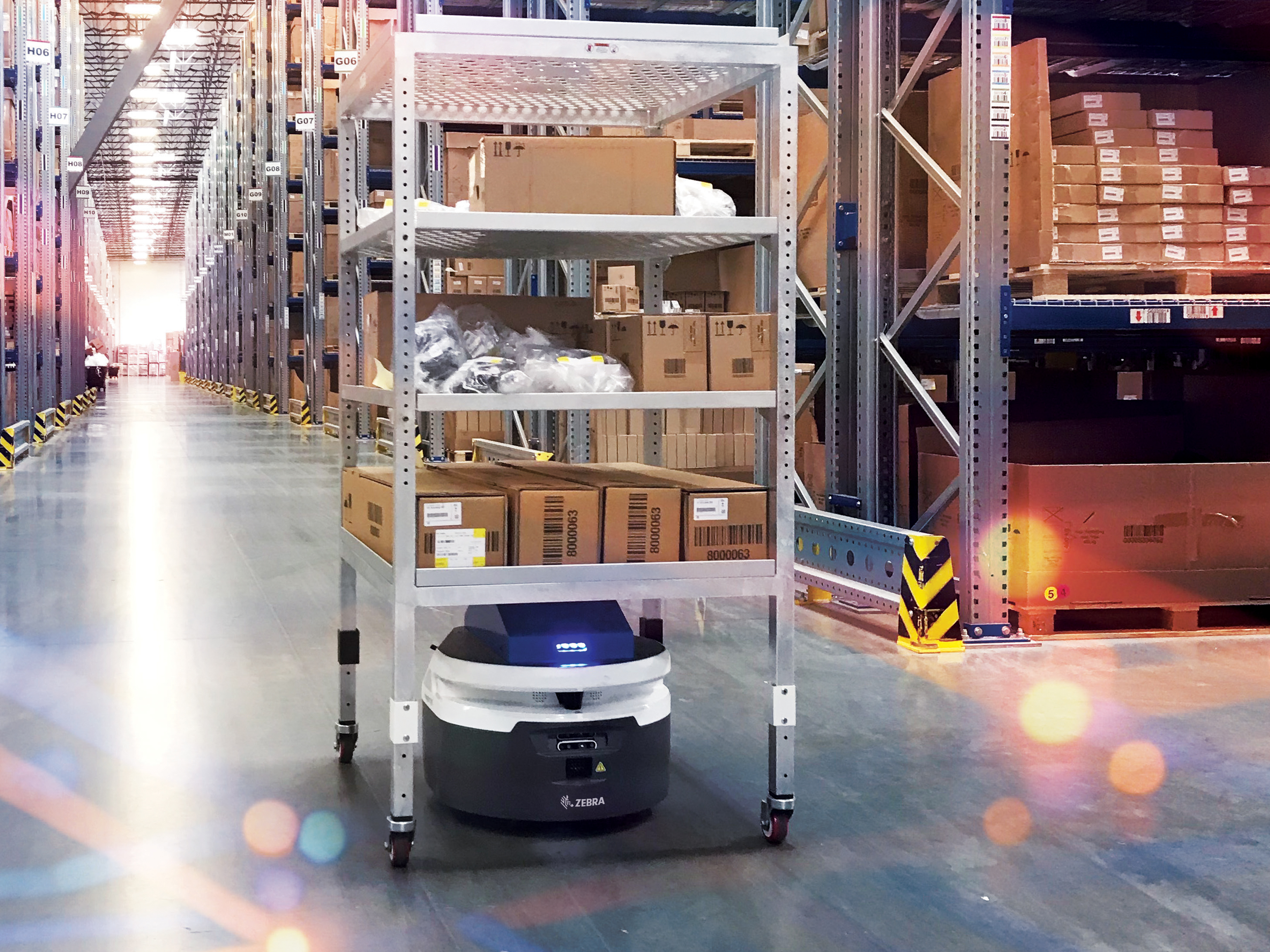 Zebra mobile robot carrying boxes in a warehouse Zebra mobile robot carrying boxes in a warehouse