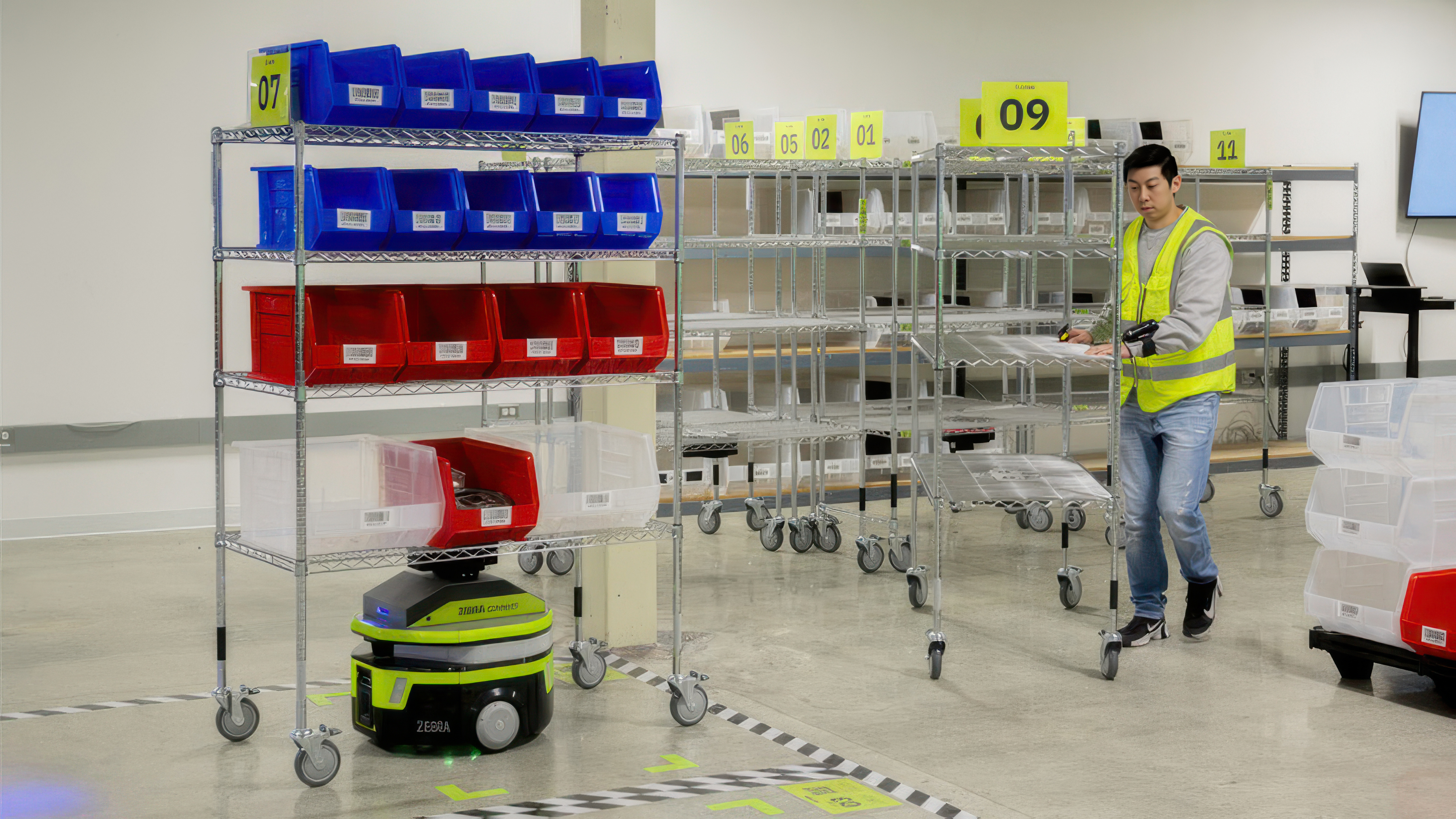 A warehouse worker staging racks next to a Zebra mobile robot A warehouse worker staging racks next to a Zebra mobile robot