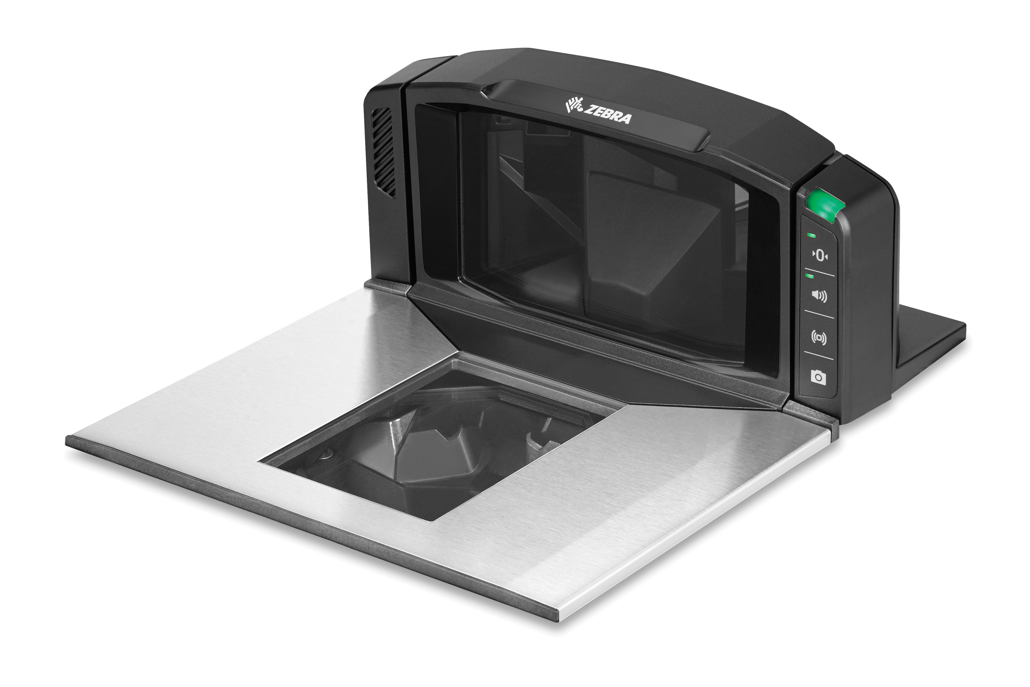 Front left of Zebra single-plane scanner in black. Front left of Zebra single-plane scanner in black.