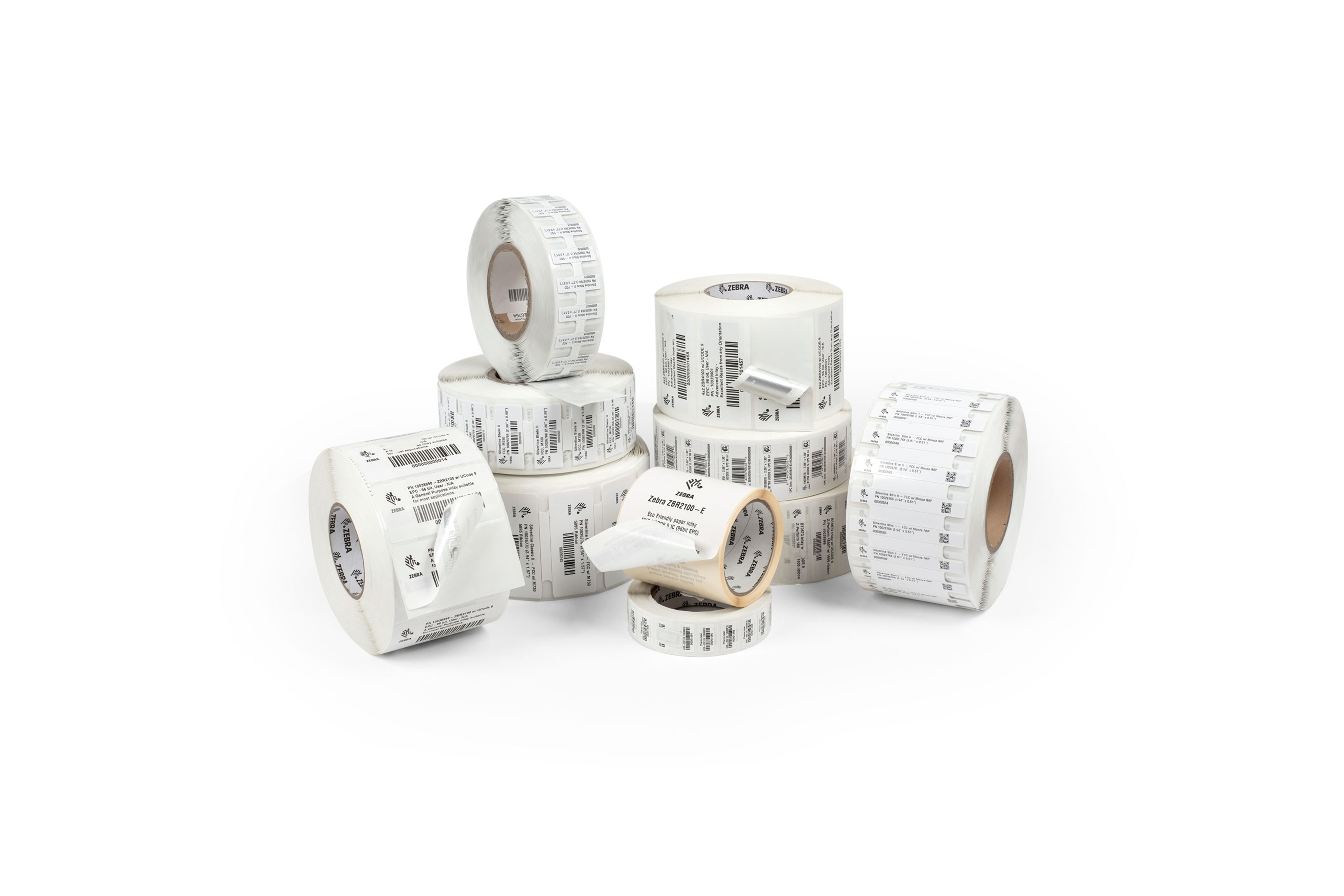 Group shot of Zebra RFID Labels in white Group shot of Zebra RFID Labels in white