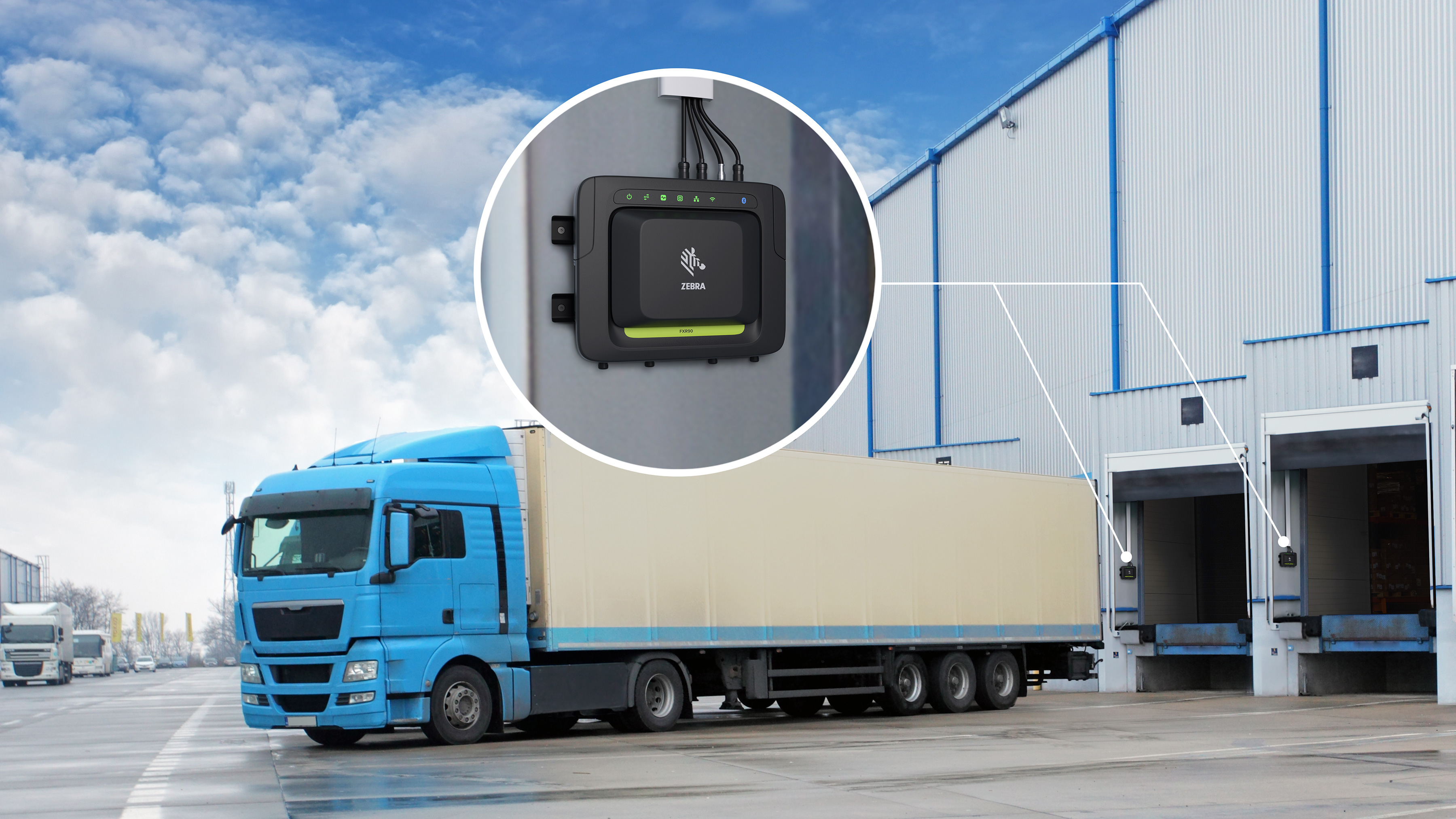 Blue truck for transportation and logistics parked outside a building with Zebra RFID Reader Blue truck for transportation and logistics parked outside a building with a Zebra RFID Reader