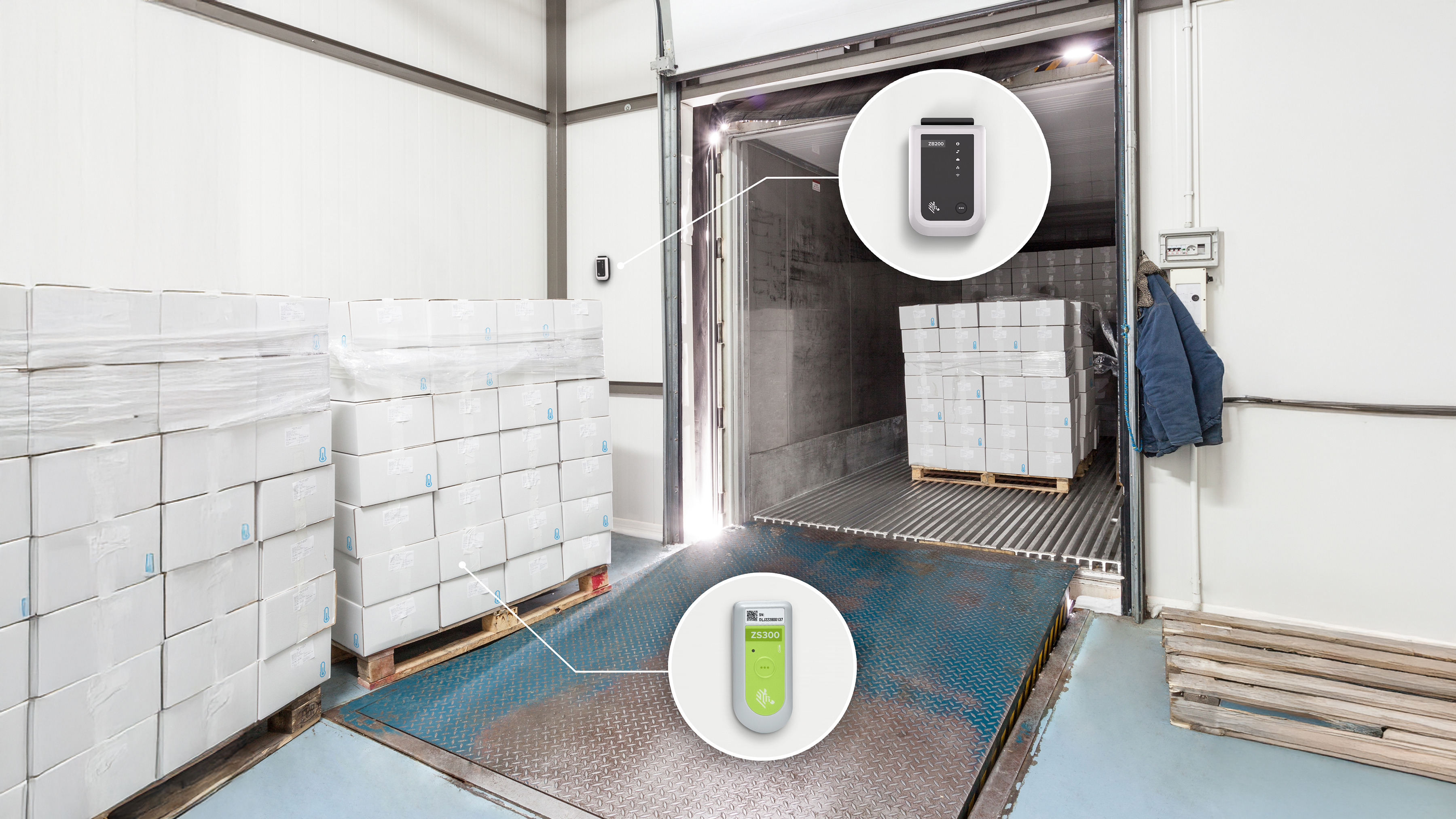 Pallets of packages being monitored by Zebra environmental sensors Pallets of packages being monitored by Zebra environmental sensors