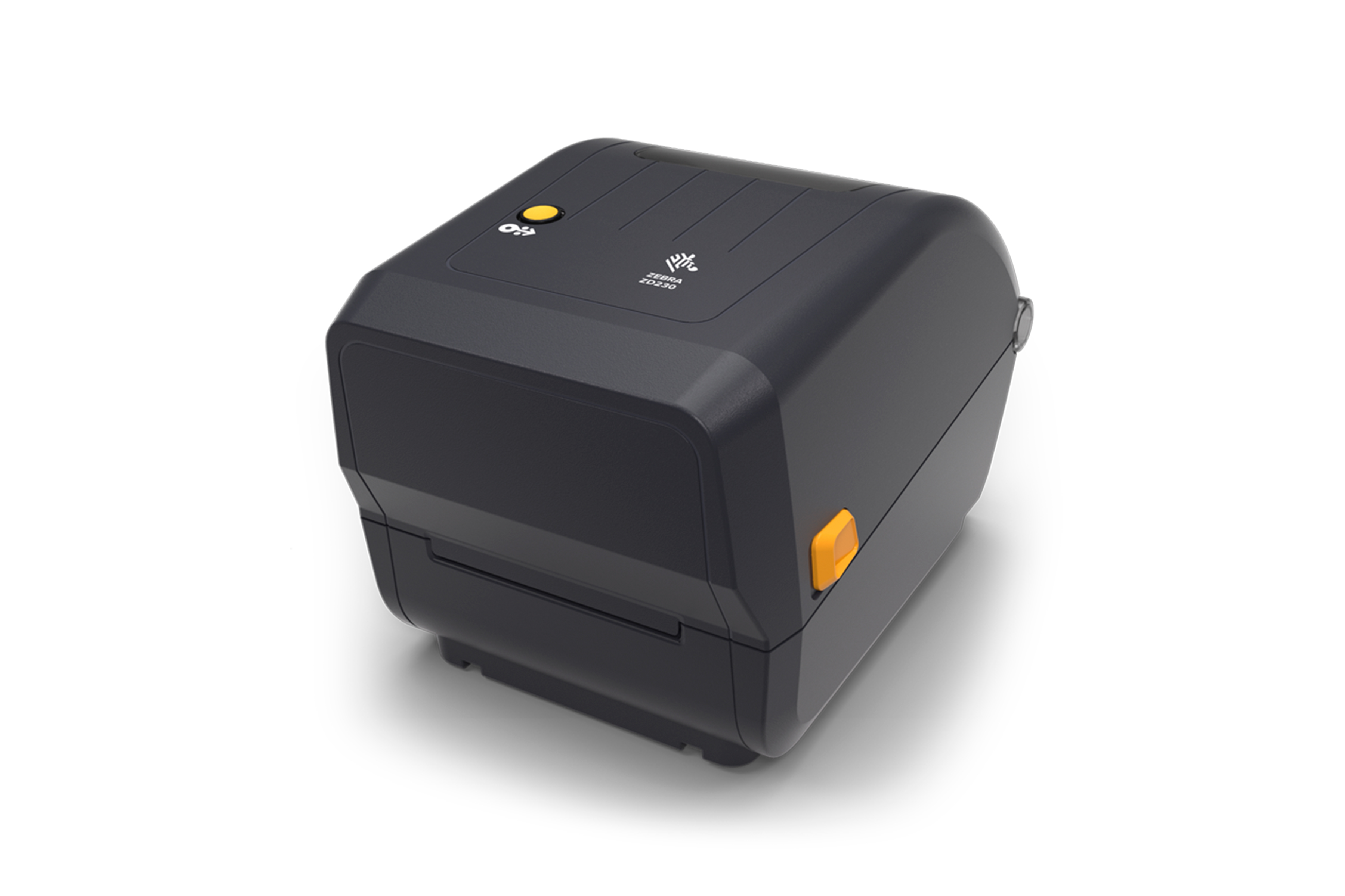 Front left of Zebra ZD230TA Desktop Printer in Black. Front left of Zebra ZD230TA Desktop Printer in Black.