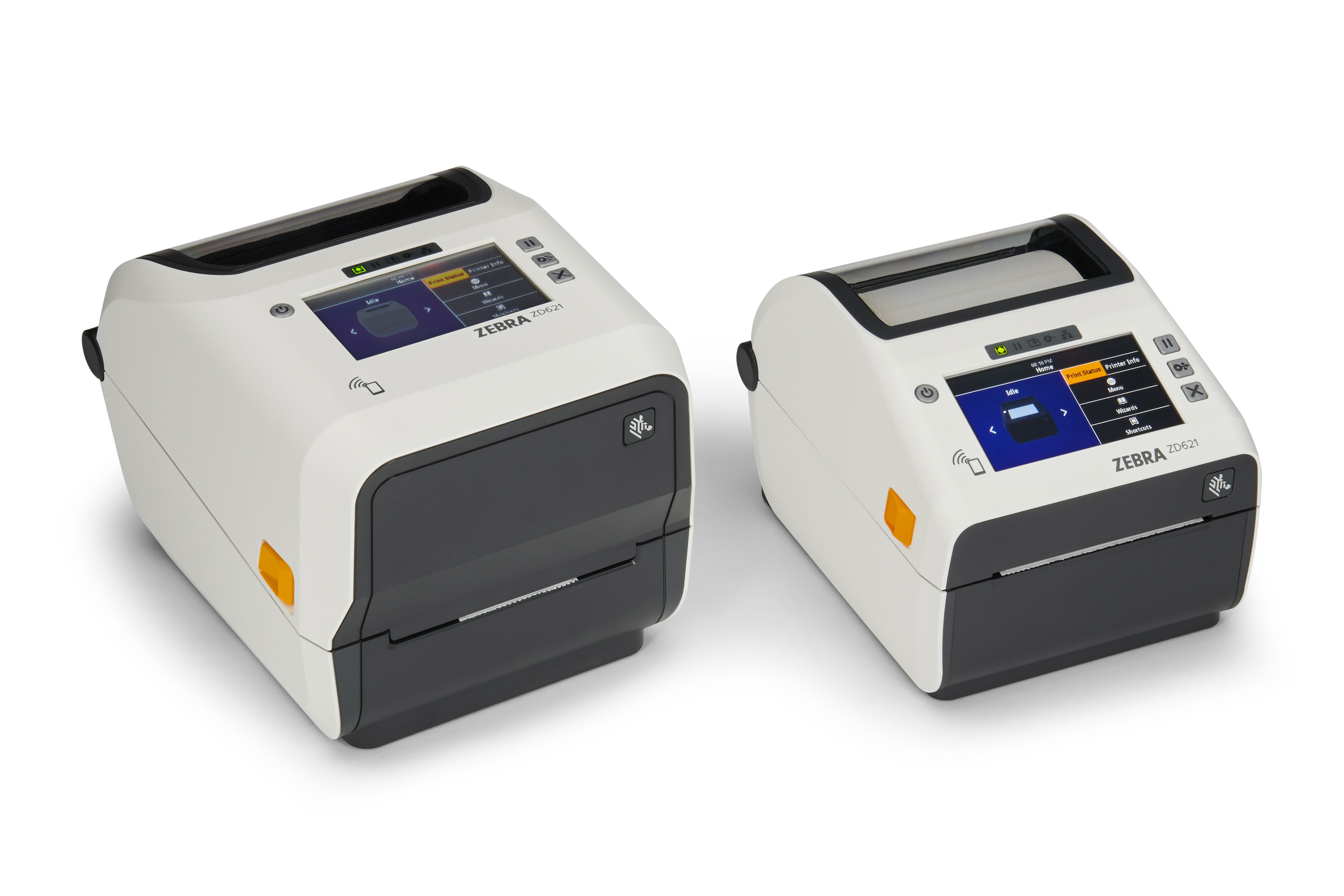 Front of Zebra ZD600-HC Desktop Printer in white. Front of Zebra ZD600-HC Desktop Printer in white.