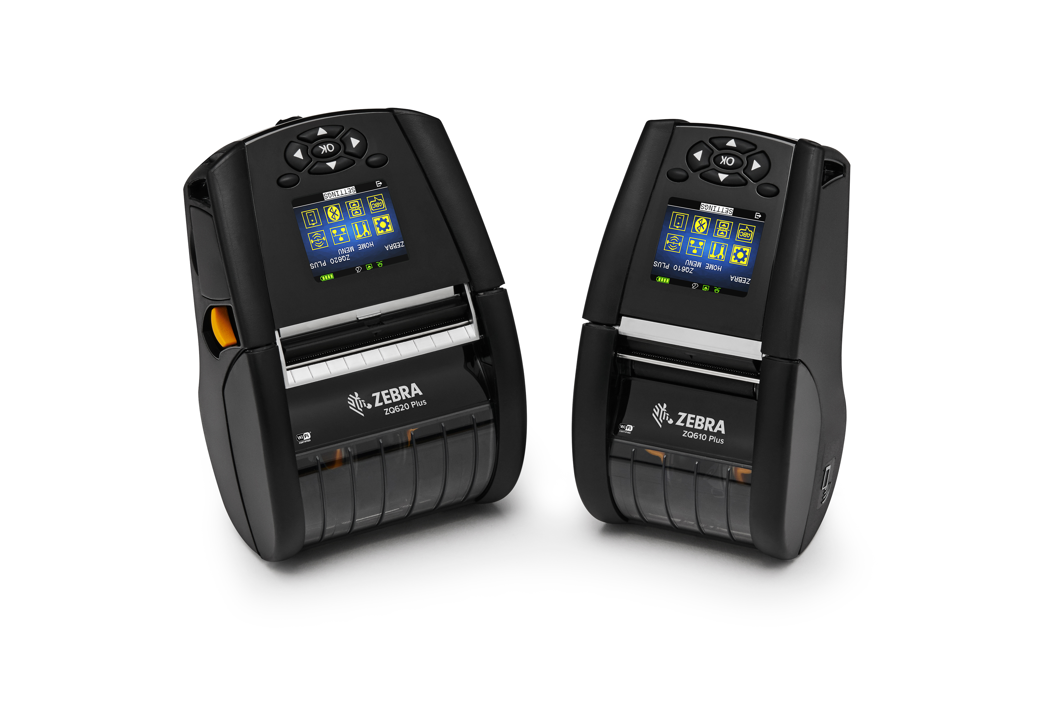Front left of Zebra ZQ620 Plus and front right of Zebra ZQ610 Plus mobile printers in black.  Front left of Zebra ZQ620 Plus and front right of Zebra ZQ610 Plus mobile printers in black.