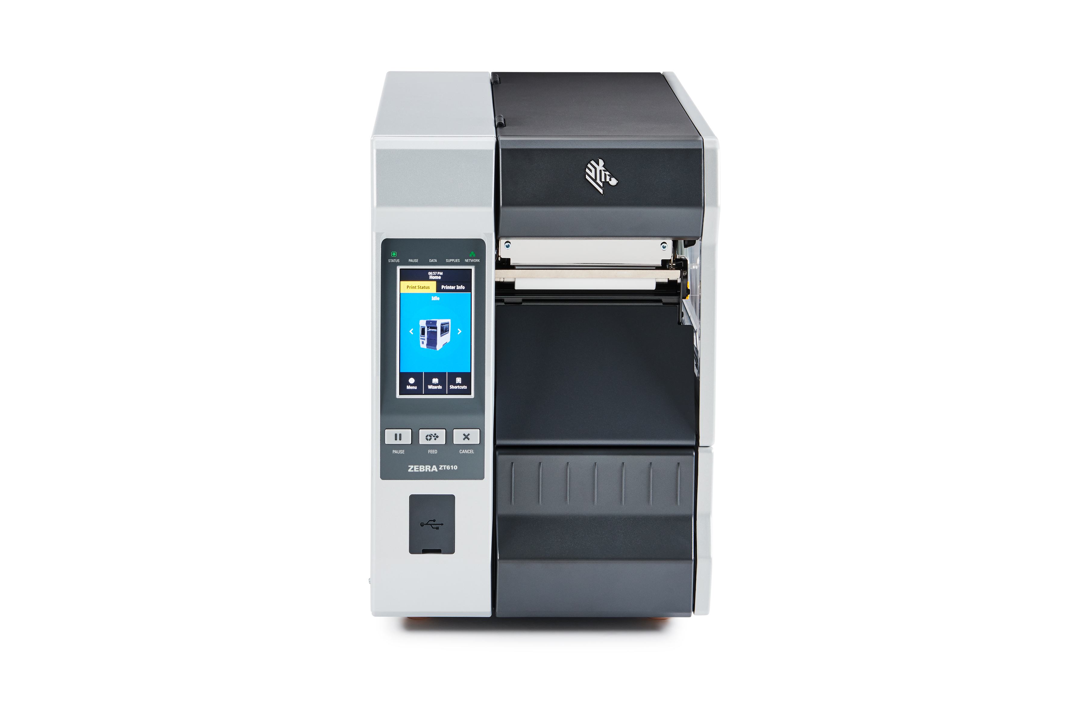 Front of Zebra ZT610 industrial printer in grey. Front of Zebra ZT610 industrial printer in grey.