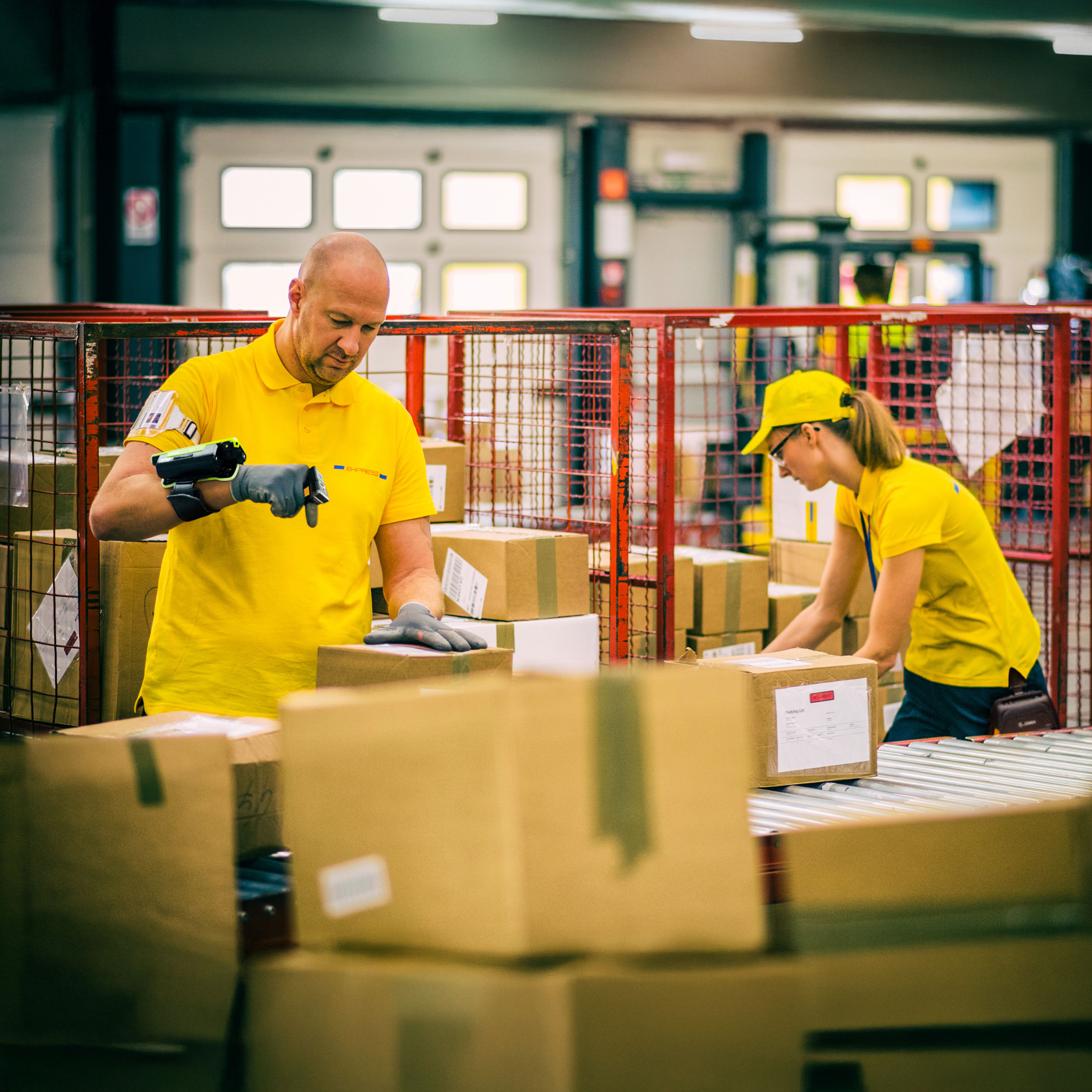 Two postal workers in yellow uniforms are sorting and scanning boxes using wearable scanners. Two postal workers in yellow uniforms are sorting and scanning boxes using wearable scanners.