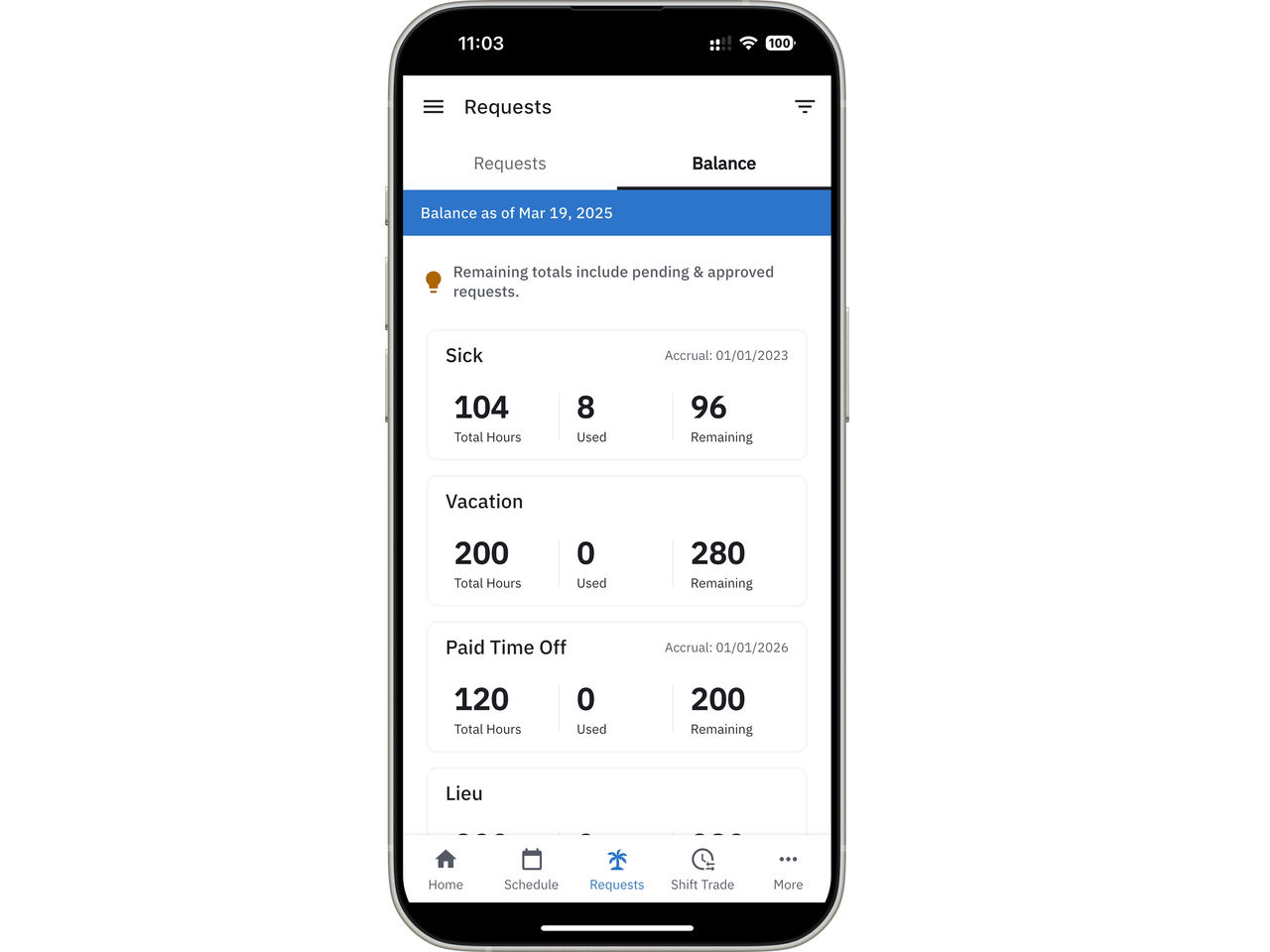 Workcloud Shift Leave Balance screen Workcloud Shift Leave Balance screen